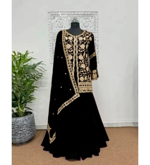 Women's Georgette Embroidery 3-4th Sleeve V-Neck Kurti, Palazzo And Dupatta Set (Black) Women's Georgette Embroidery 3-4th Sleeve V-Neck Kurti, Palazzo And Dupatta Set (Black)