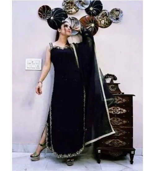 Women's Georgette Embroidery Sleeveless Round Neck Kurti, Palazzo And Dupatta Set (Black)
