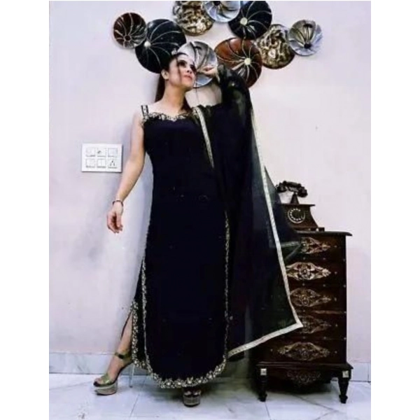 Dropship Women's Georgette Embroidery Sleeveless Round Neck Kurti, Palazzo And Dupatta Set (Black)