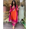 Dropship Women's Roman Silk Embroidery 3-4th Sleeve Round Neck Kurti, Palazzo And Dupatta Set (Orange-Pink)