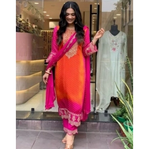 Generic Women's Roman Silk Embroidery 3-4th Sleeve Round Neck Kurti, Palazzo And Dupatta Set (Orange-Pink)