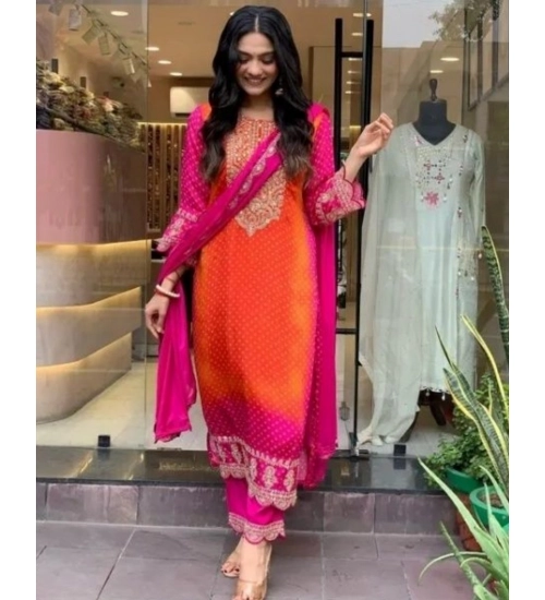 Women's Roman Silk Embroidery 3-4th Sleeve Round Neck Kurti, Palazzo And Dupatta Set (Orange-Pink) Women's Roman Silk Embroidery 3-4th Sleeve Round Neck Kurti, Palazzo And Dupatta Set (Orange-Pink)