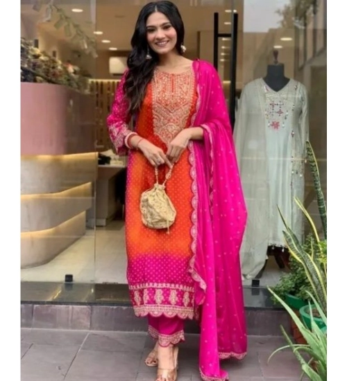 Women's Roman Silk Embroidery 3-4th Sleeve Round Neck Kurti, Palazzo And Dupatta Set (Orange-Pink)