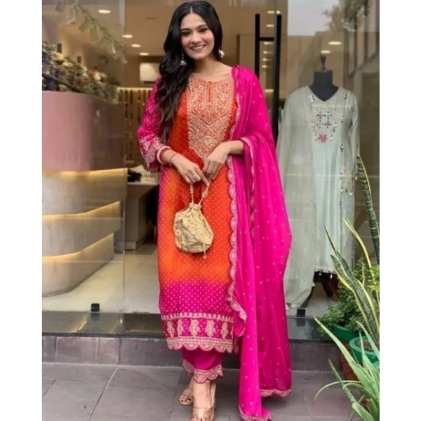 Dropship Women's Roman Silk Embroidery 3-4th Sleeve Round Neck Kurti, Palazzo And Dupatta Set (Orange-Pink)
