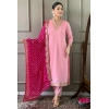 Dropship Women's Roman Silk Embroidery 3-4th Sleeve V-Neck Kurti With Pant Dupatta Set (Pink)