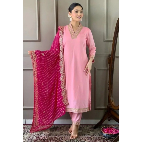 Dropship Women's Roman Silk Embroidery 3-4th Sleeve V-Neck Kurti With Pant Dupatta Set (Pink)