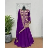 Dropship Women's Georgette Embroidery 3-4th Sleeve V-Neck Kurti, Palazzo And Dupatta Set (Purple)