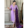 Dropship Women's Roman Silk Embroidery 3-4th Sleeve V-Neck Kurti With Pant Dupatta Set (Lavender)