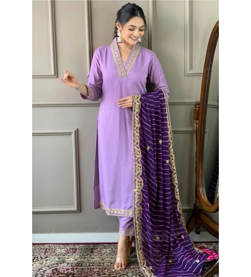 Women's Roman Silk Embroidery 3-4th Sleeve V-Neck Kurti With Pant Dupatta Set (Lavender)