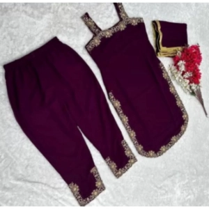 Generic Women's Georgette Embroidery Sleeveless Round Neck Kurti, Palazzo And Dupatta Set (Wine)