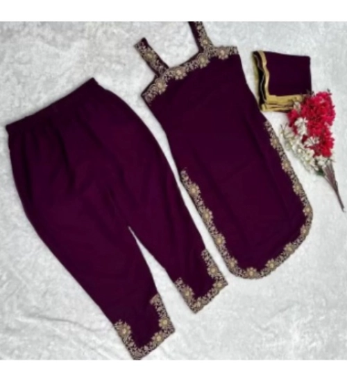 Women's Georgette Embroidery Sleeveless Round Neck Kurti, Palazzo And Dupatta Set (Wine) Women's Georgette Embroidery Sleeveless Round Neck Kurti, Palazzo And Dupatta Set (Wine)