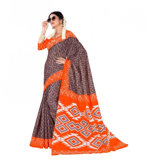 Women's Soft Pure Cotton Printed Saree With Unstitched Blouse 5.5Mtr (Orange)