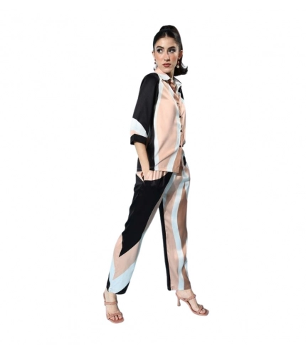 Women's Satin Colour Block Long Sleeves Co-Ord Set (Beige - Black)