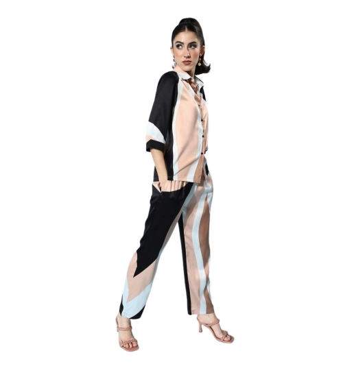 Women's Satin Colour Block Long Sleeves Co-Ord Set (Beige - Black)