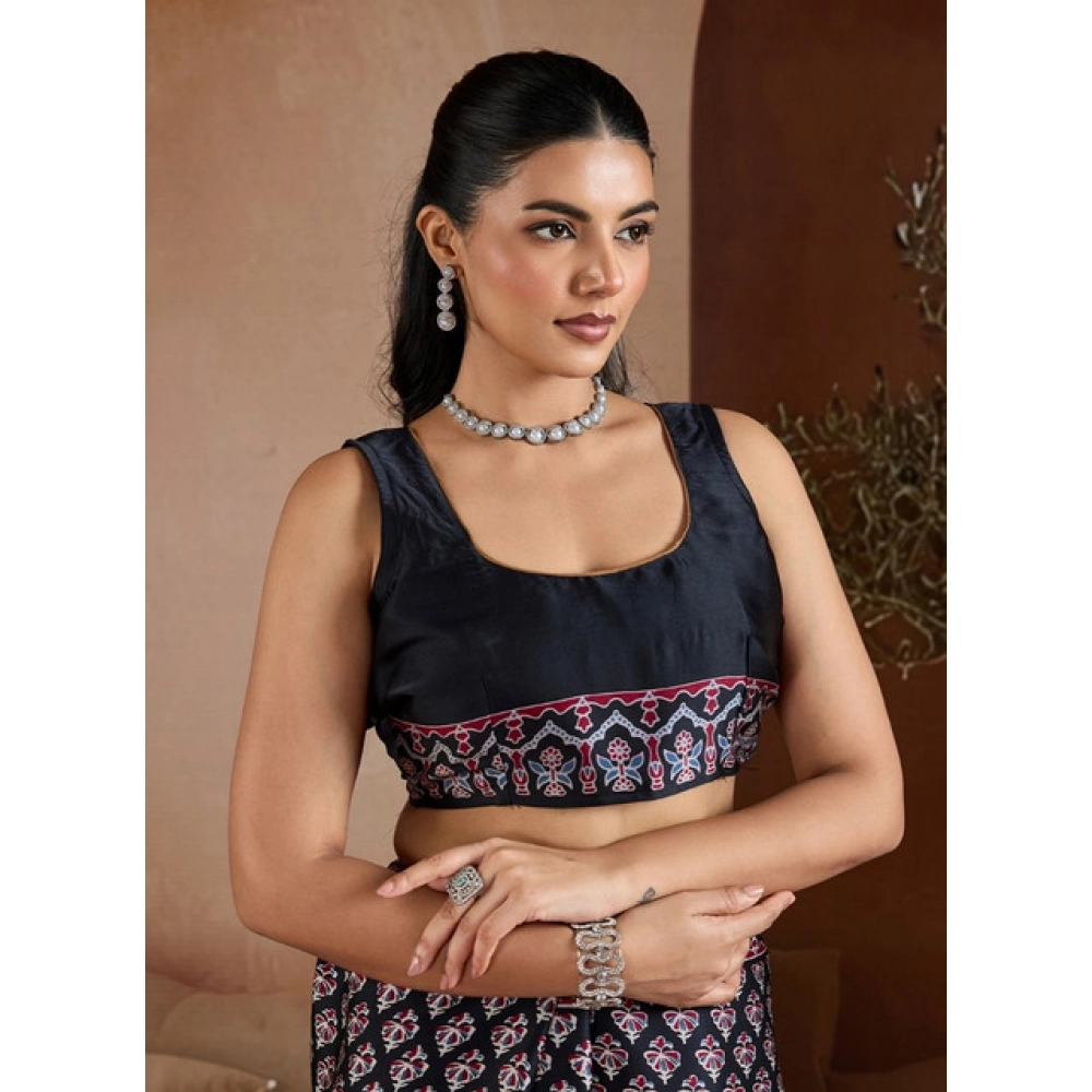 Women's Satin Crepe Printed Saree With Unstitched Blouse 5.5Mtr (Black)