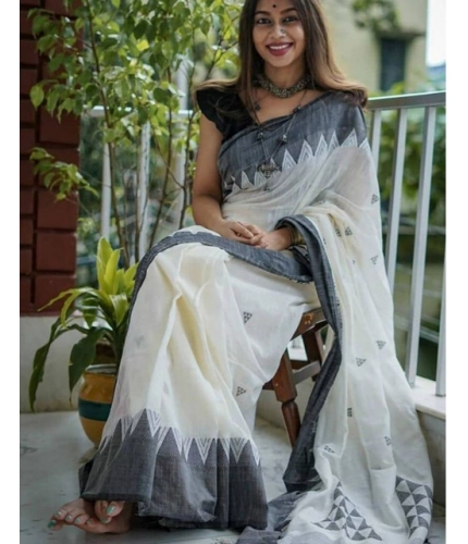 Women's Soft Lilan Printed Saree With Unstitched Blouse 5.5Mtr (White-Black)