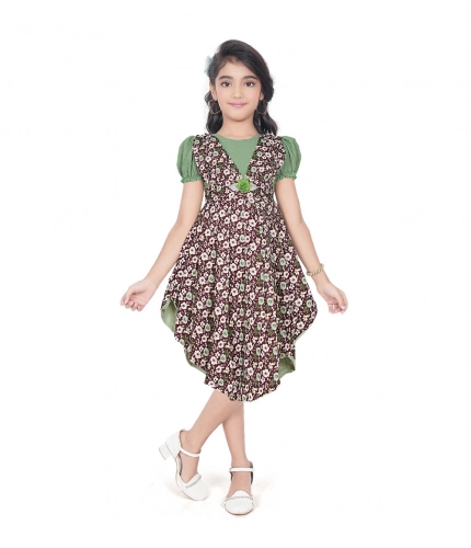 Girl's Twill Printed Short Sleeve Round Neck Dress (Green)