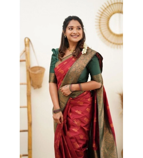 Women's Litchi silk Printed Saree With Unstitched Blouse (Red)