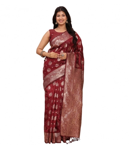 Women's Banarasi Silk Printed Saree With Unstitched Blouse 5.5Mtr (Maroon)