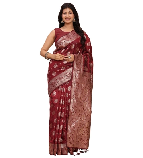 Women's Banarasi Silk Printed Saree With Unstitched Blouse 5.5Mtr (Maroon)