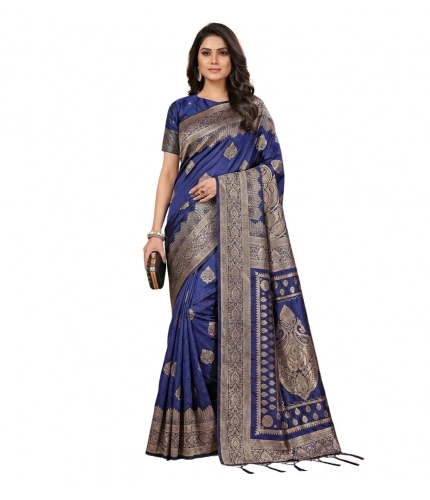 Women's Silk Blend Printed Saree With Unstitched Blouse 5.5Mtr (Navy Blue)