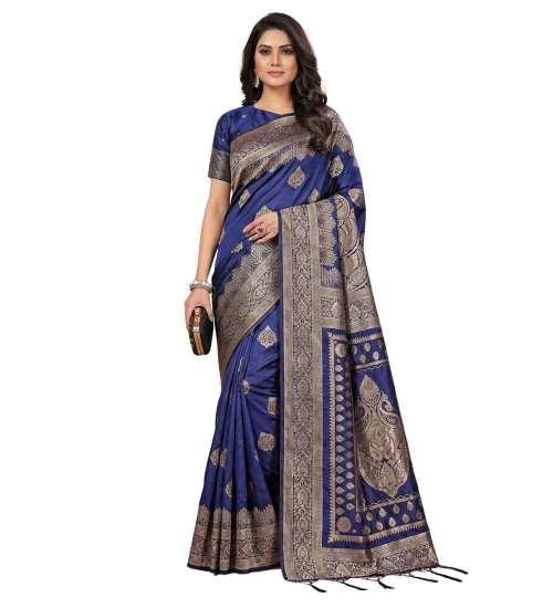 Women's Silk Blend Printed Saree With Unstitched Blouse 5.5Mtr (Navy Blue)