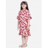 Girl's Polyester Crepe Floral Bell Sleeve Dress (Red-Pink)