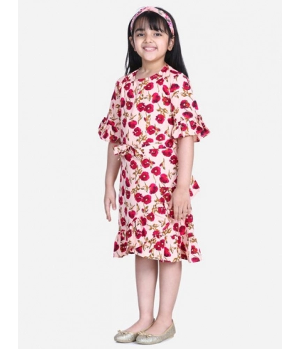 Girl's Polyester Crepe Floral Bell Sleeve Dress (Red-Pink)