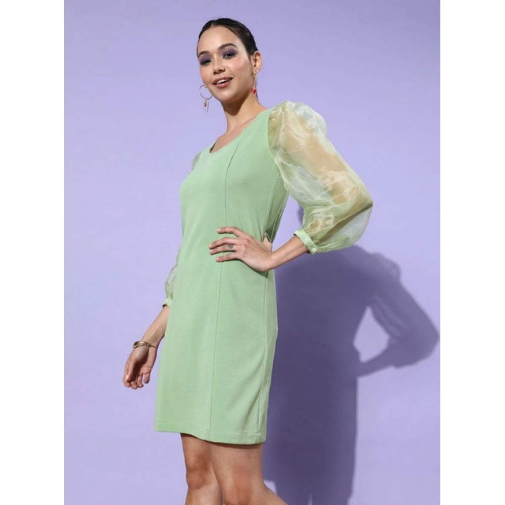 Women's Organza And Polyester Lycra Solid Long Sleeves Dress (Green)