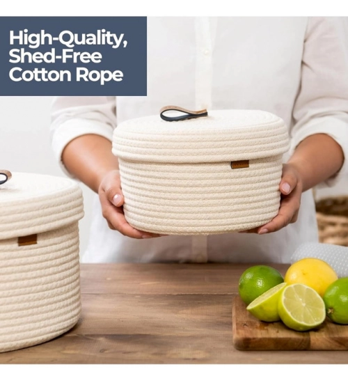 Cotton 2 Pcs Set Roti Box Storage Basket With Lid (White)