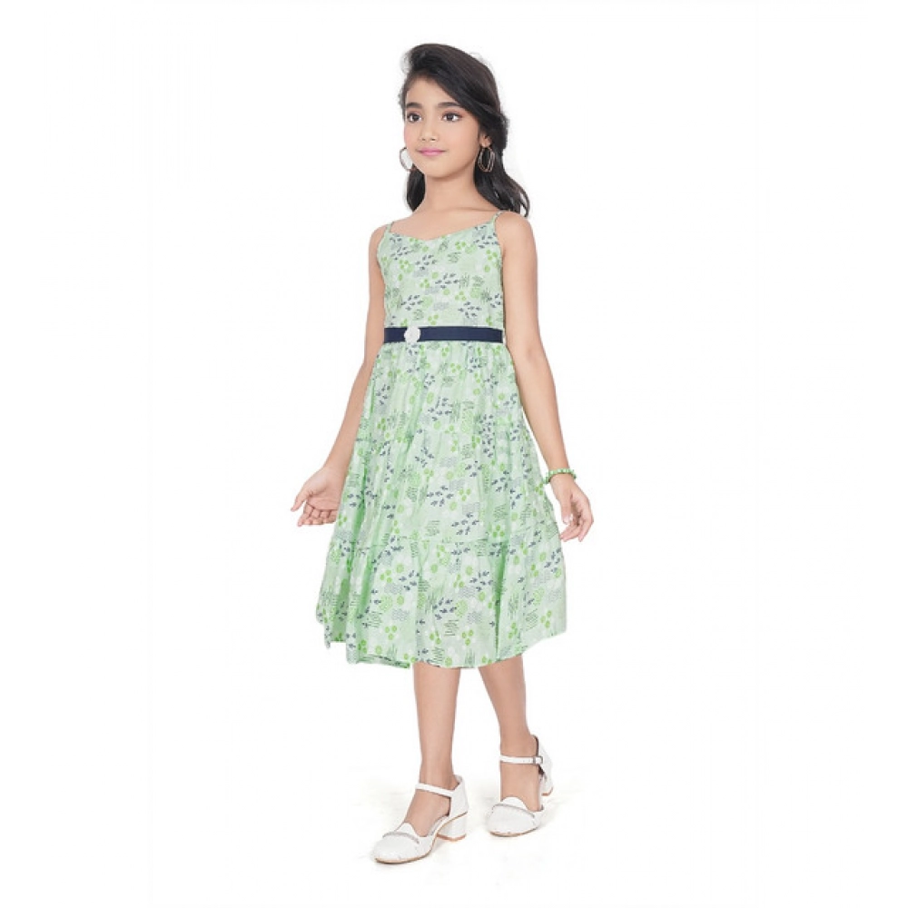 Girl's Cotton Slub Printed Sleeve Less Round Neck Dress (Sea Green)