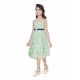 Girl's Cotton Slub Printed Sleeve Less Round Neck Dress (Sea Green)
