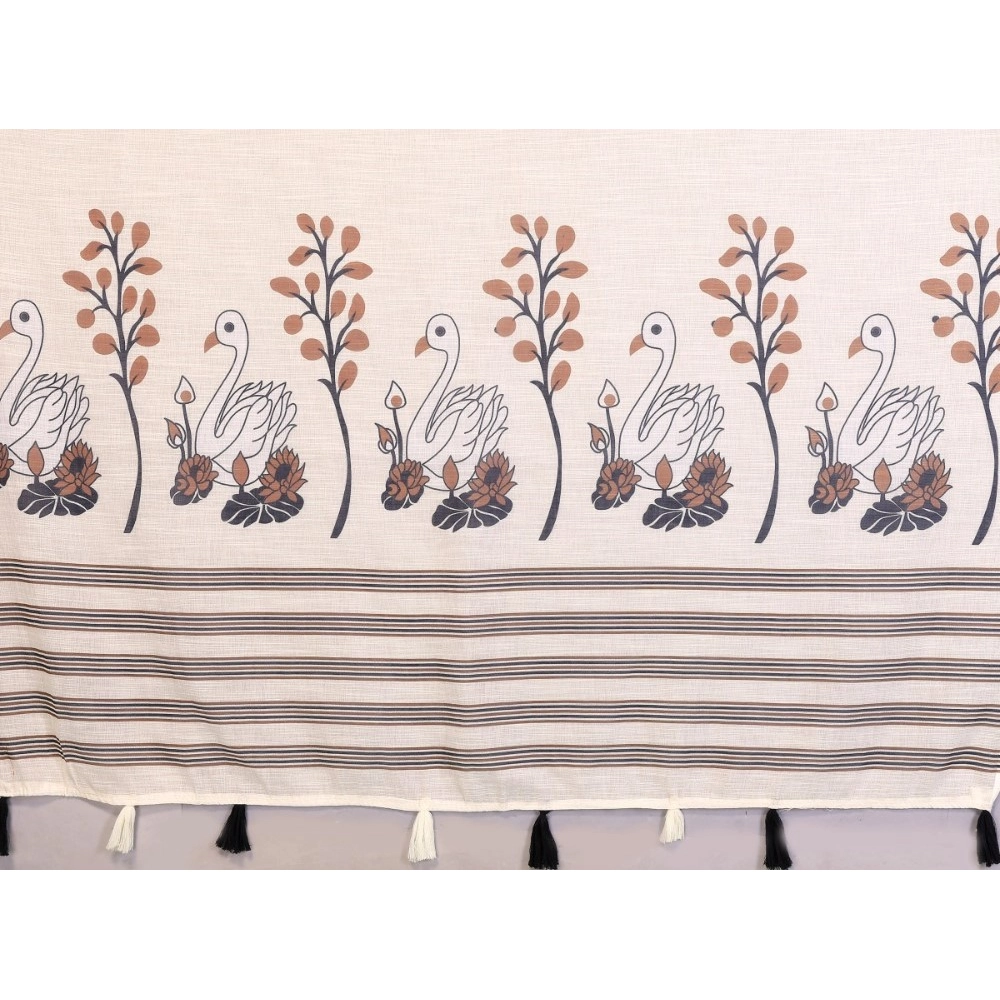 Women's Linen Cotton Printed Saree With Unstitched Blouse 5.5Mtr (Off White)