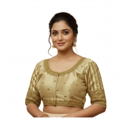 Women's Phantom Silk Embroidered Designer Neck Padded Blouse (Beige 38 Ready (Alterable up to 42)