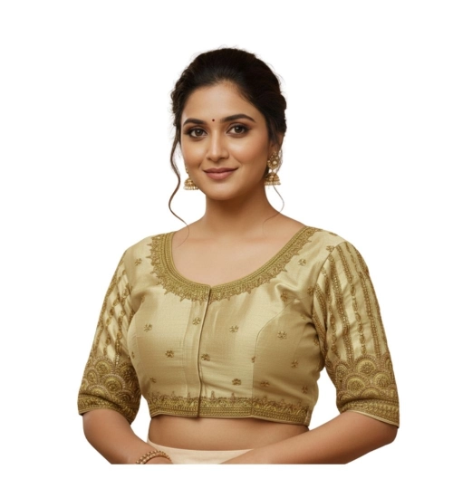 Women's Phantom Silk Embroidered Designer Neck Padded Blouse (Beige 38 Ready (Alterable up to 42)