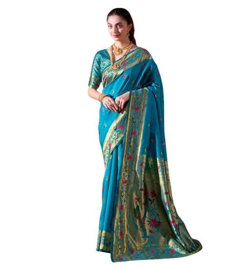 Women's Silk Blend Zari Woven Saree With Unstitched Blouse 5.5Mtr (Turquoise)