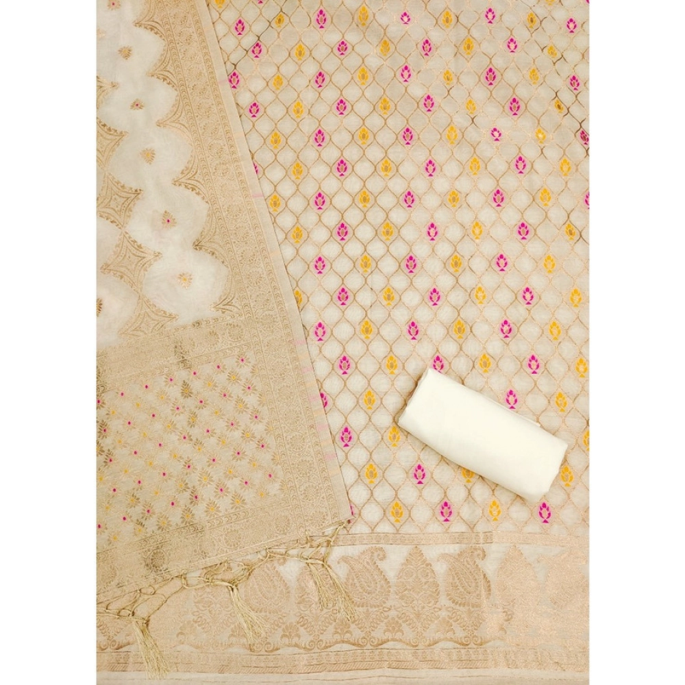 Women's Banarasi Silk Printed Unstitched Salwar Suit Material With Dupatta (White, 3Mtrs)