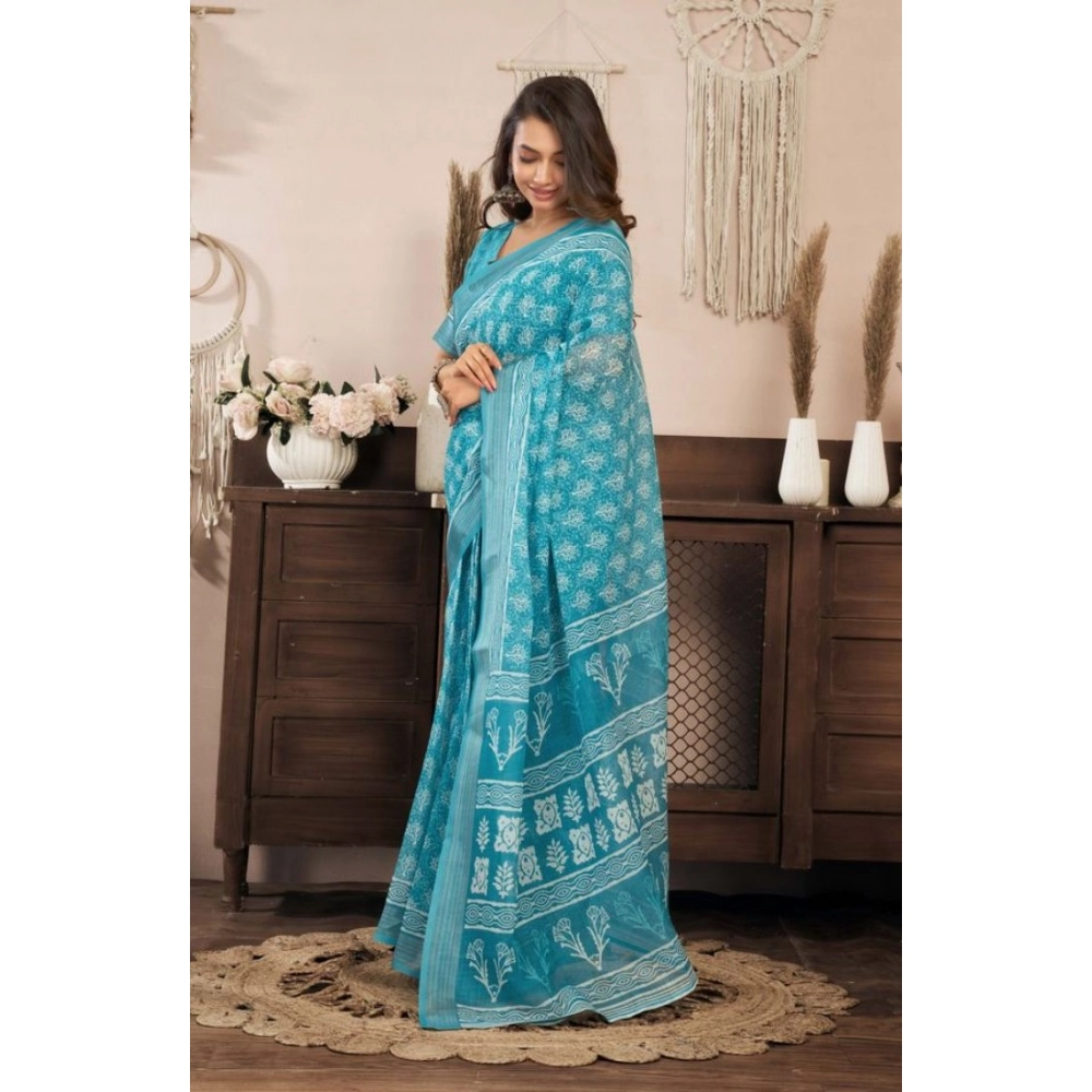 Women's Faux Linen Floral Print Ready to wear Saree With Unstitched Blouse 5.5Mtr (AquaBlue) Women's Faux Linen Floral Print Ready to wear Saree With Unstitched Blouse 5.5Mtr (AquaBlue)