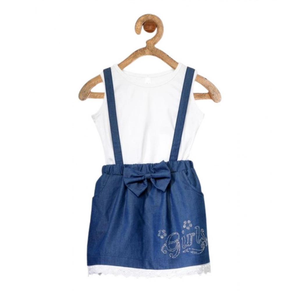 Girl's Denim Embellished Sleeveless Skirt with inner (Dark Blue) Girl's Denim Embellished Sleeveless Skirt with inner (Dark Blue)