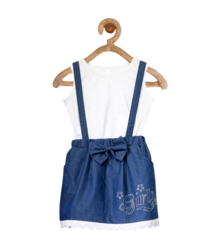 Girl's Denim Embellished Sleeveless Skirt with inner (Dark Blue)