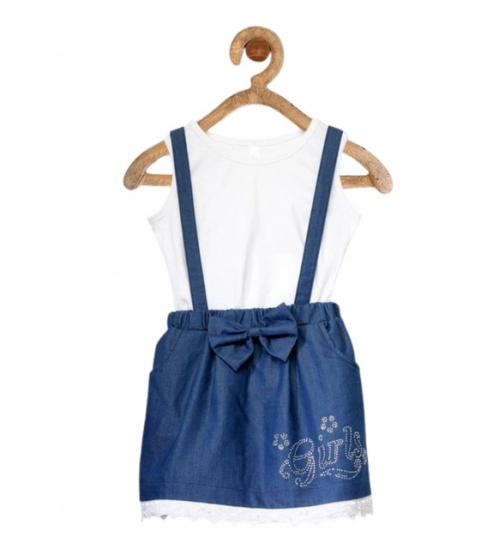 Girl's Denim Embellished Sleeveless Skirt with inner (Dark Blue)