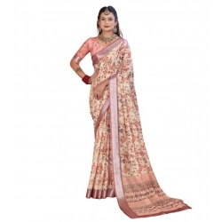 Women's Printed Cotton Linen Saree withPrinted  Saree With Unstitched Blouse (Beige, 5-6Mtrs)