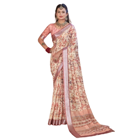 Women's Printed Cotton Linen Saree withPrinted  Saree With Unstitched Blouse (Beige, 5-6Mtrs)