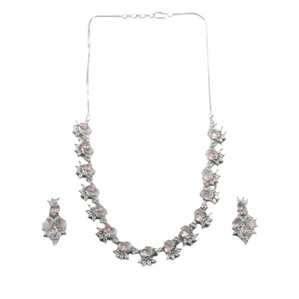Women's Brass Silver Plated Necklace set (Pink)