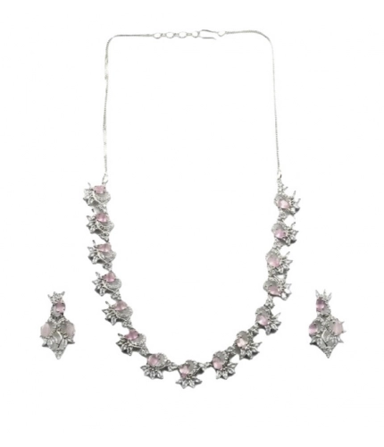 Women's Brass Silver Plated Necklace set (Pink)
