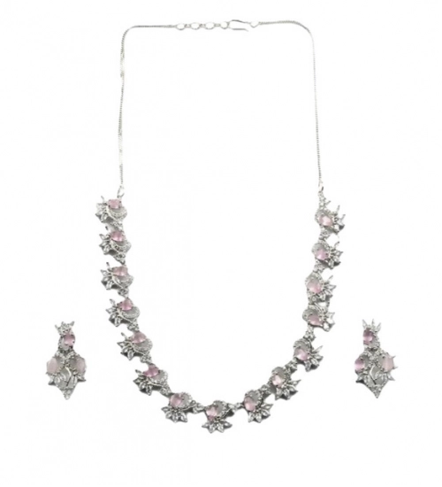 Women's Brass Silver Plated Necklace set (Pink) Women's Brass Silver Plated Necklace set (Pink)