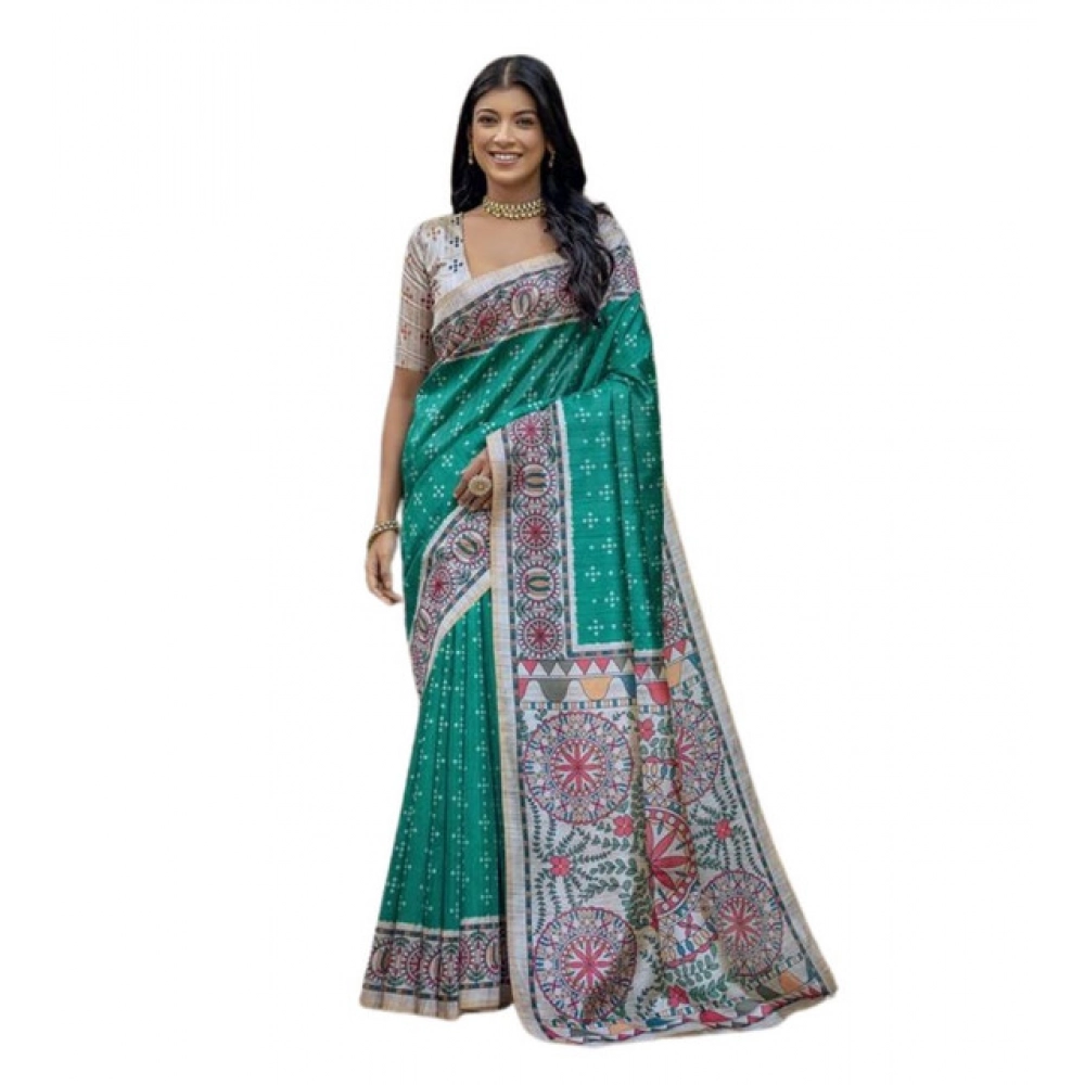 Women's Faux_Tussar Geometric_Print Saree With Unstitched Blouse 5.5Mtr (Rama_Green) Women's Faux_Tussar Geometric_Print Saree With Unstitched Blouse 5.5Mtr (Rama_Green)
