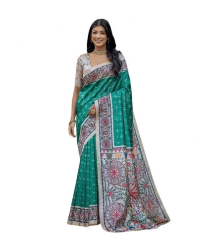 Women's Faux_Tussar Geometric_Print Saree With Unstitched Blouse 5.5Mtr (Rama_Green) Women's Faux_Tussar Geometric_Print Saree With Unstitched Blouse 5.5Mtr (Rama_Green)