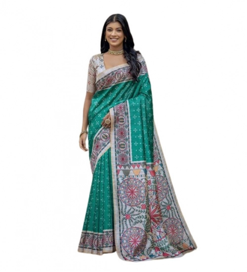 Women's Faux_Tussar Geometric_Print Saree With Unstitched Blouse 5.5Mtr (Rama_Green)