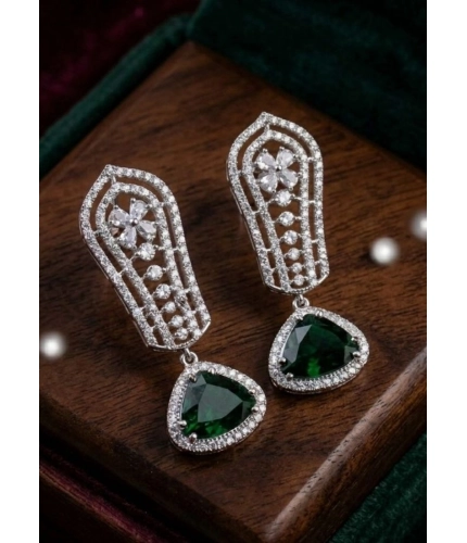 Women's Brass Silver Plated Drop Earrings (Green)